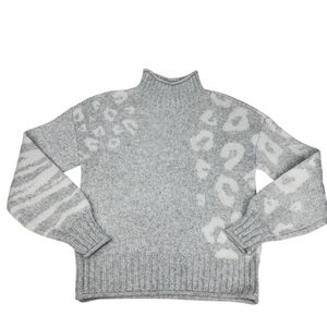 Nine West Women's XS Gray White Mixed Animal Print Mock Neck Leopard Sweater